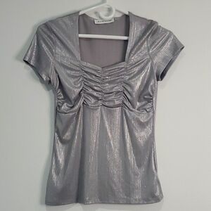 Silver Rouched short sleeve special occasion blouse size S